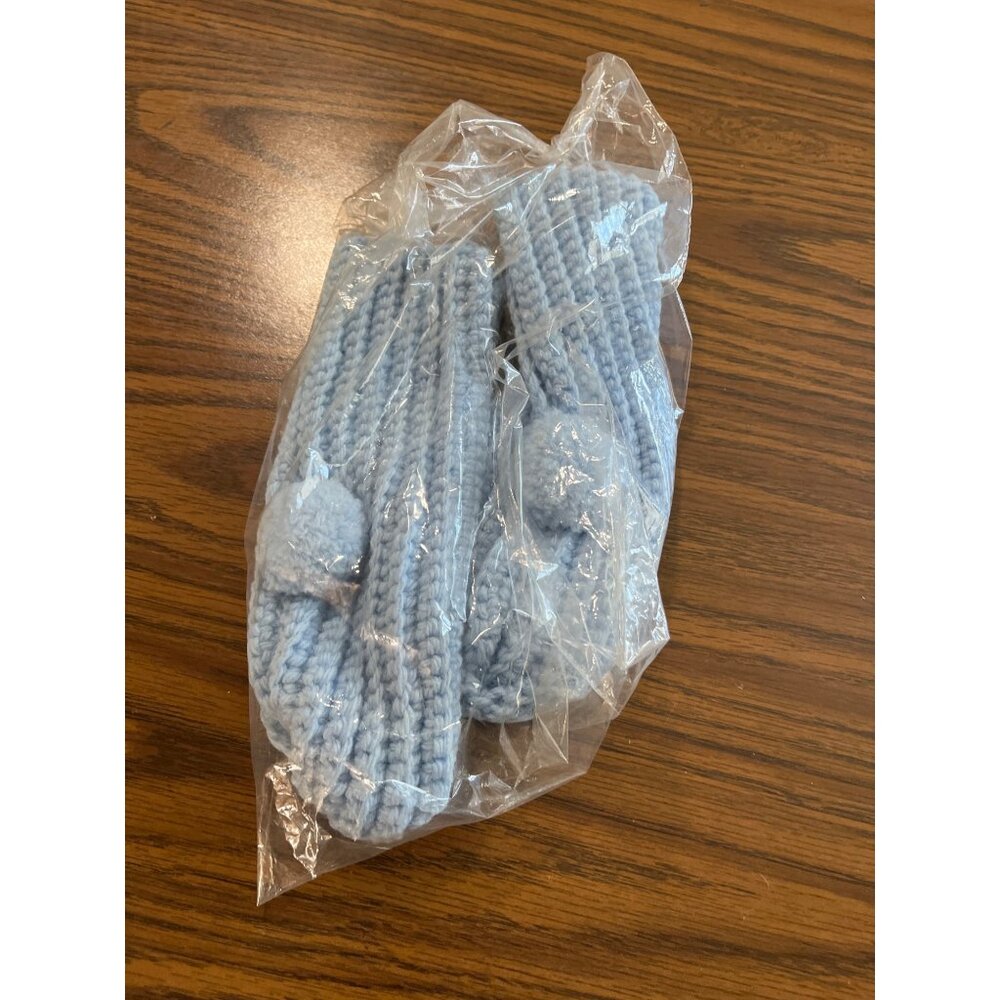 Bootie house shoes light blue crocheted slippers with pompoms NWOT
